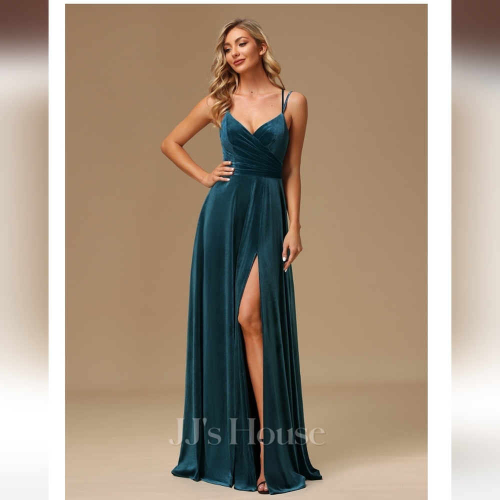 Velvet A-Line V-Neck Floor Length Dress